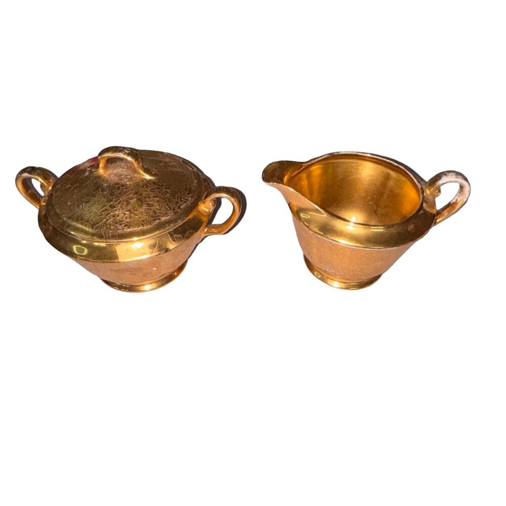 Wheeling DEC Creamer & Sugar Vintage Gold Floral Set #418 MCM